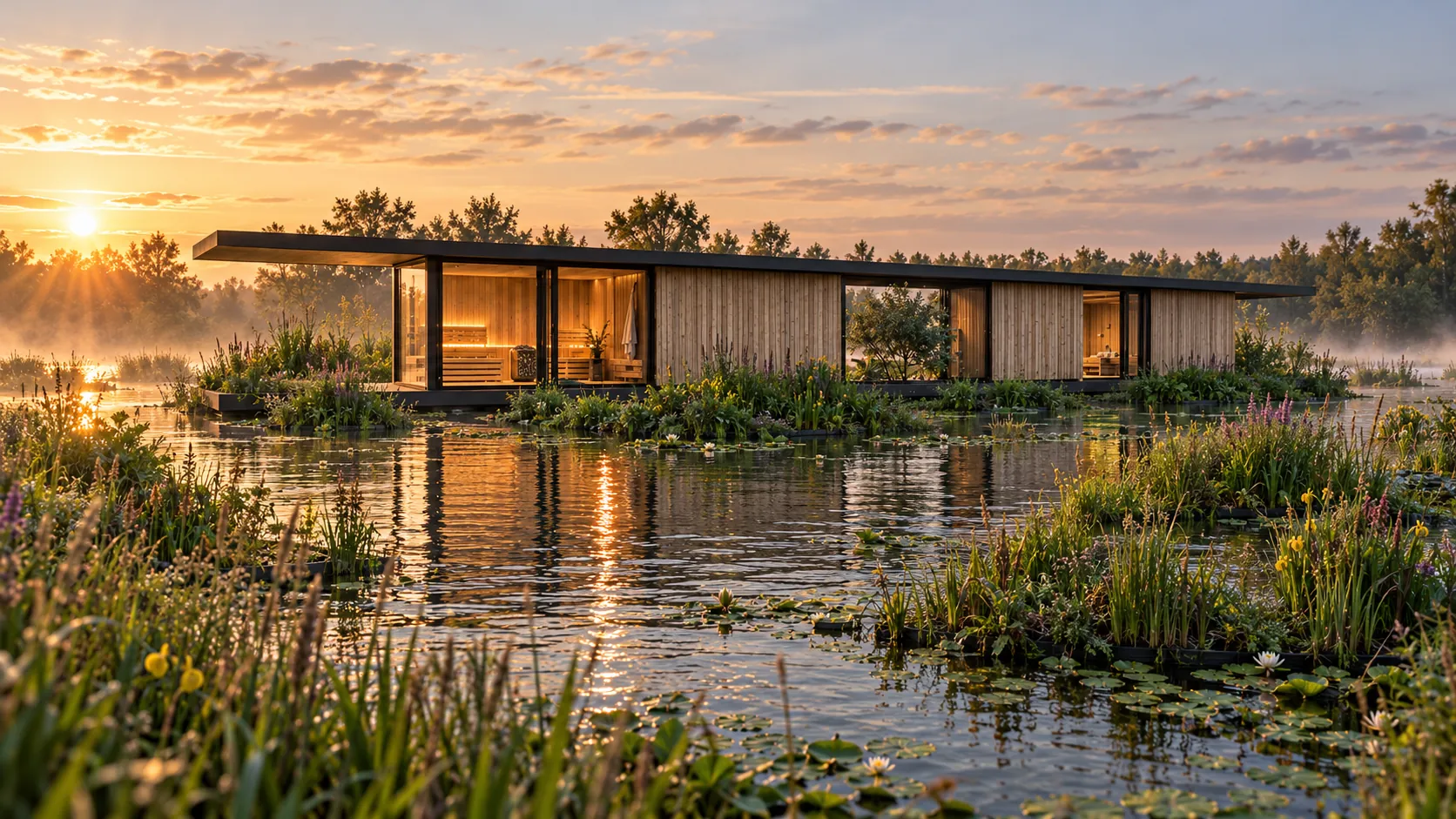 Drijvende sauna midden tussen begroeide drijvende eilanden bij zonsopkomst (visualisatie)